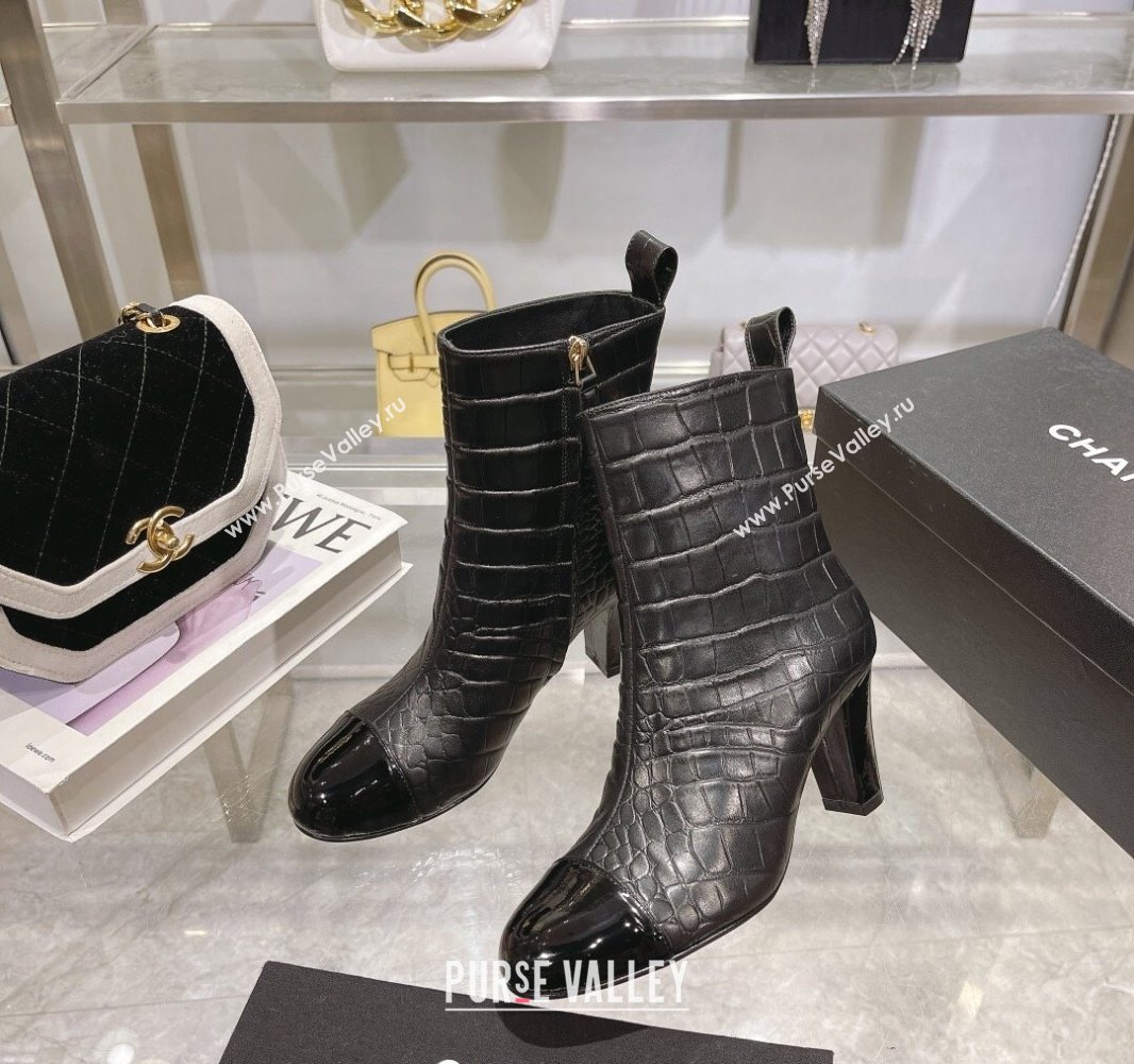 Chanel Heel 7.5cm Croco Pattern and Patent Calfskin Ankle Boots Black 2024 (modeng-23120608)