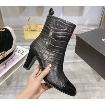Chanel Heel 7.5cm Croco Pattern and Patent Calfskin Ankle Boots Black 2024 (modeng-23120608)