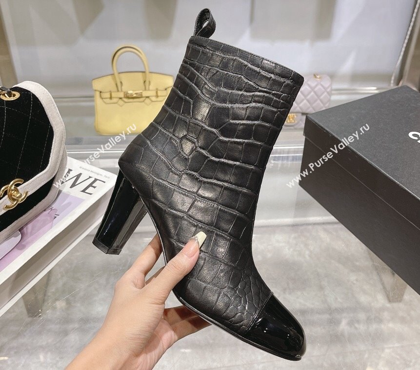 Chanel Heel 7.5cm Croco Pattern and Patent Calfskin Ankle Boots Black 2024 (modeng-23120608)
