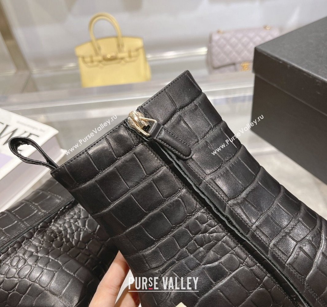Chanel Heel 7.5cm Croco Pattern and Patent Calfskin Ankle Boots Black 2024 (modeng-23120608)