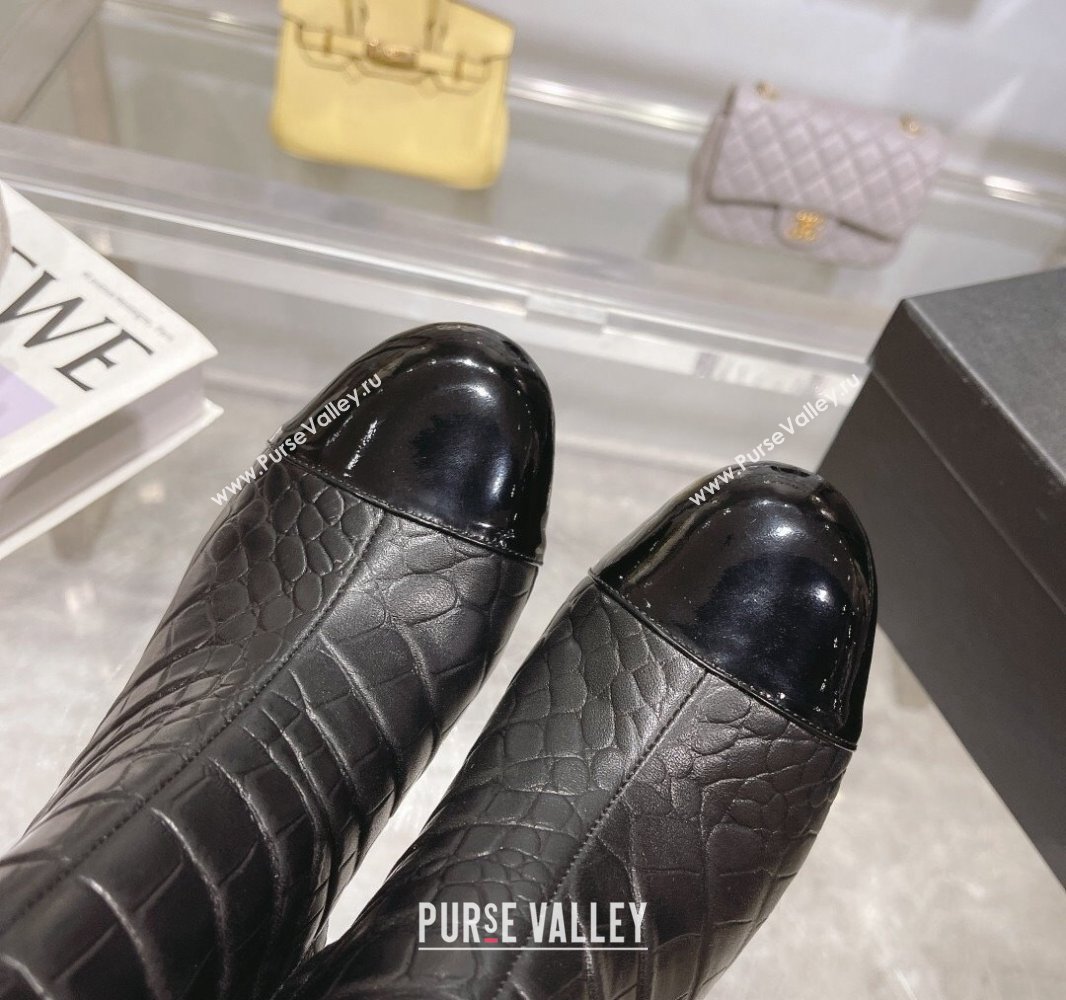 Chanel Heel 7.5cm Croco Pattern and Patent Calfskin Ankle Boots Black 2024 (modeng-23120608)