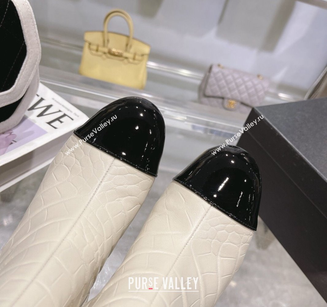 Chanel Heel 7.5cm Croco Pattern and Patent Calfskin Ankle Boots White/Black 2024 (modeng-23120609)
