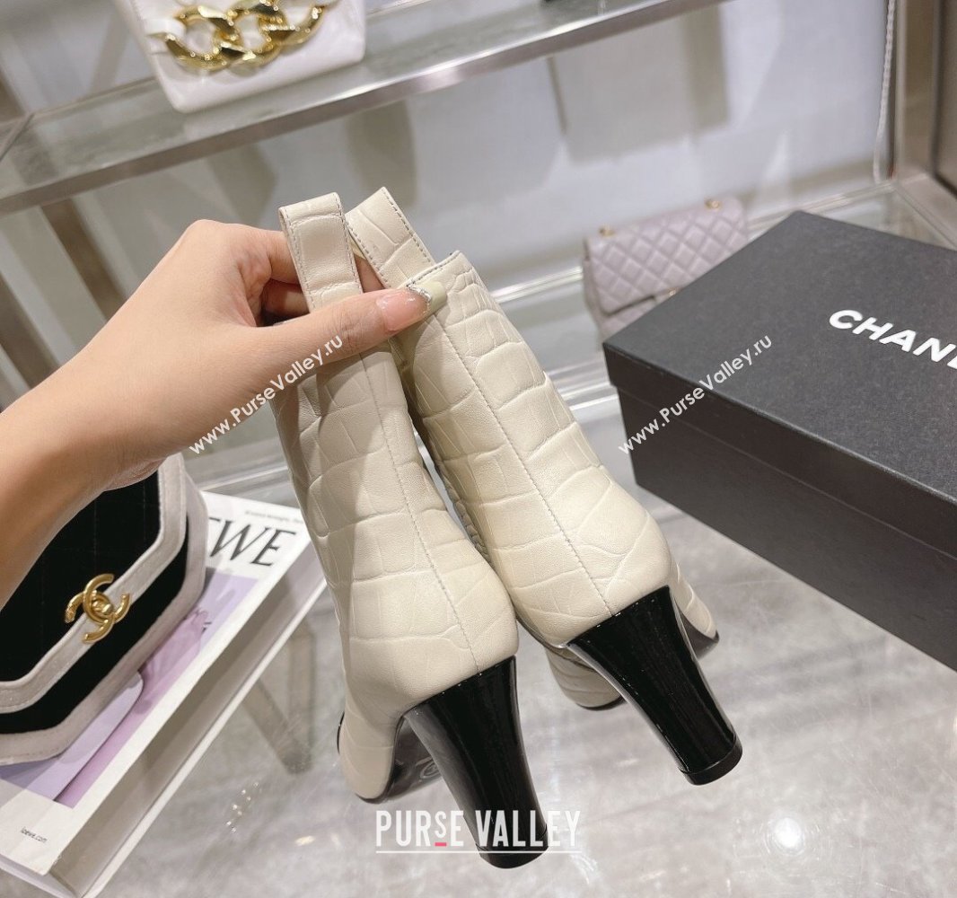 Chanel Heel 7.5cm Croco Pattern and Patent Calfskin Ankle Boots White/Black 2024 (modeng-23120609)