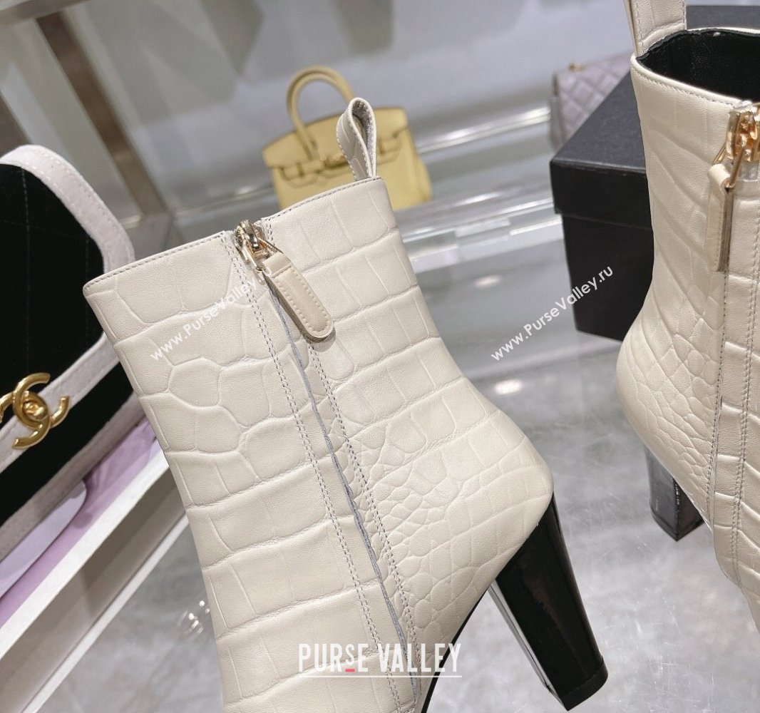 Chanel Heel 7.5cm Croco Pattern and Patent Calfskin Ankle Boots White/Black 2024 (modeng-23120609)