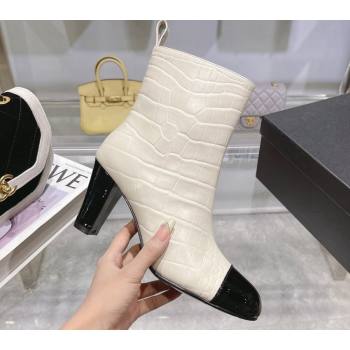 Chanel Heel 7.5cm Croco Pattern and Patent Calfskin Ankle Boots White/Black 2024 (modeng-23120609)