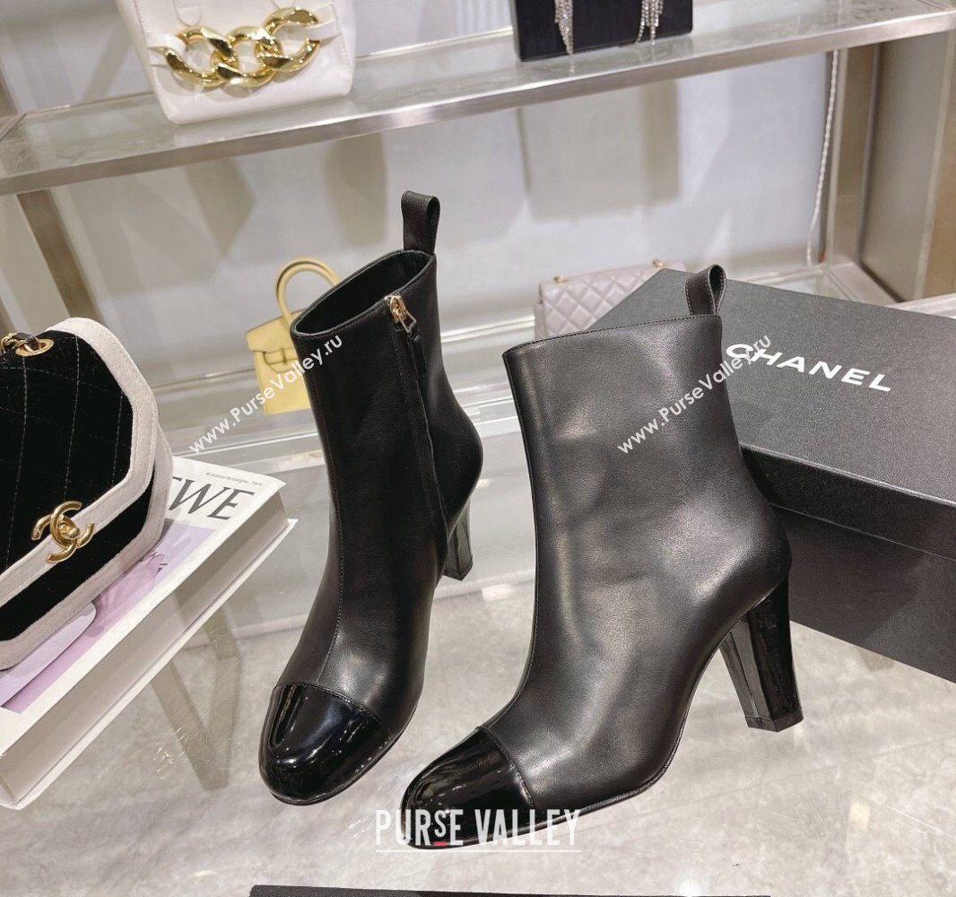 Chanel Heel 7.5cm Calfskin and Patent Calfskin Ankle Boots Black 2024 (modeng-23120610)