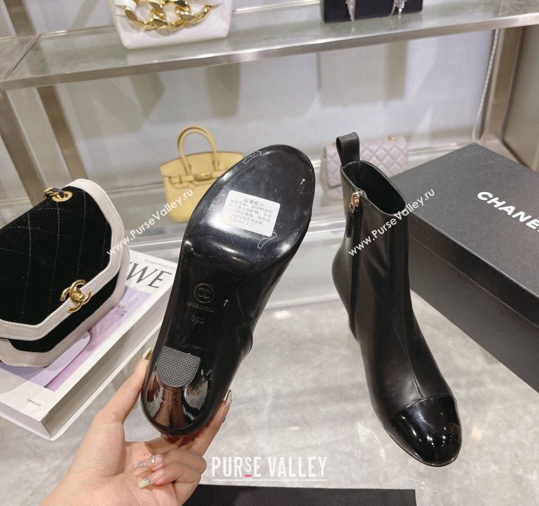 Chanel Heel 7.5cm Calfskin and Patent Calfskin Ankle Boots Black 2024 (modeng-23120610)