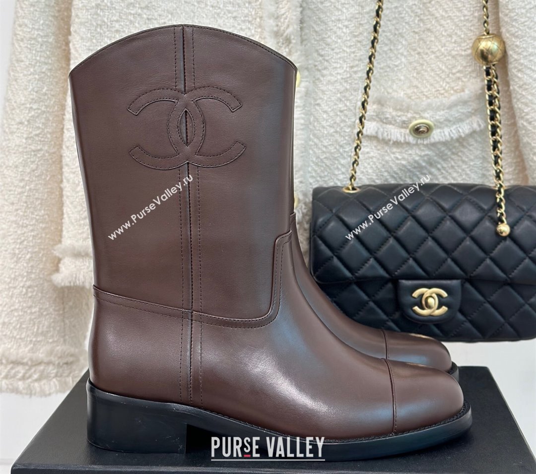 Chanel Heel 3cm CC Logo Calfskin Rider Ankle Boots Coffee 2024 (clf-23120604)