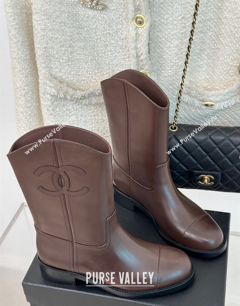 Chanel Heel 3cm CC Logo Calfskin Rider Ankle Boots Coffee 2024 (clf-23120604)