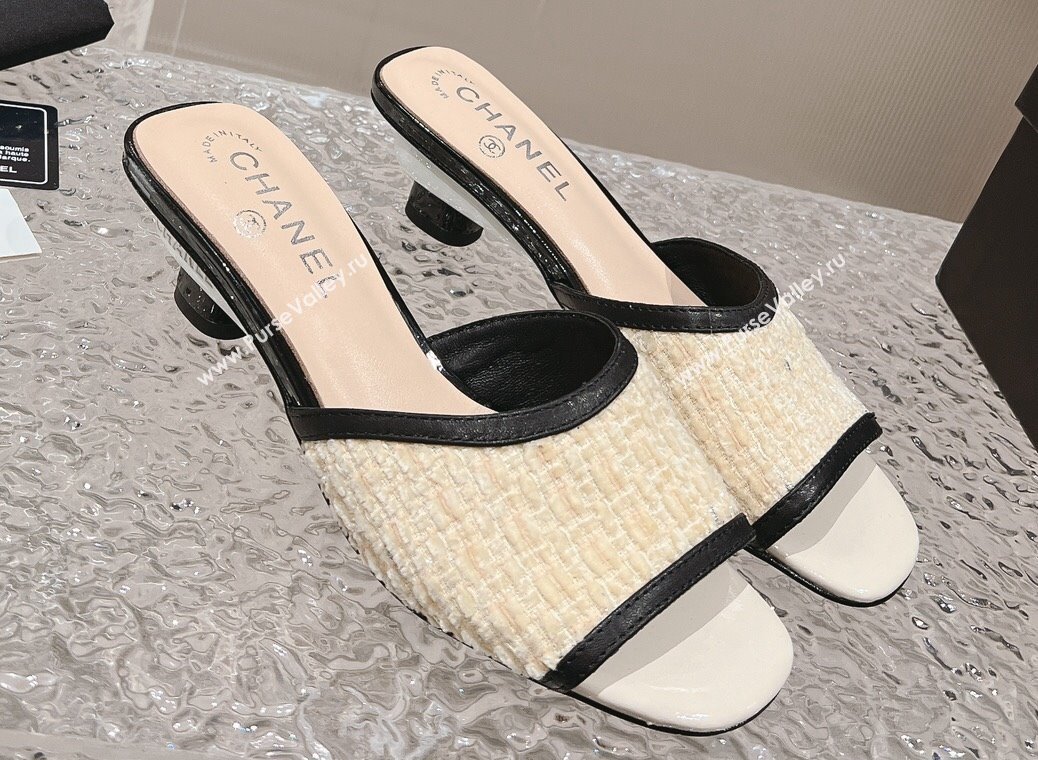 Chanel Heel 5cm Tweed and Leather Mules Beige 2024 (modeng-23120628)