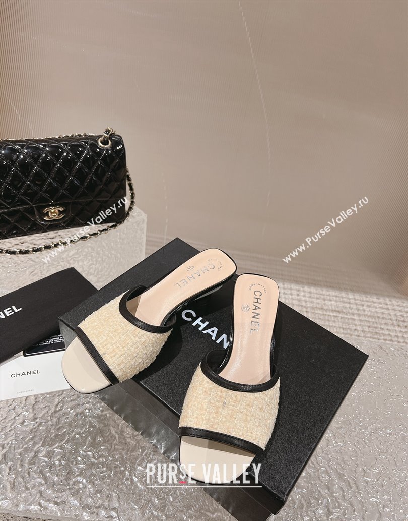 Chanel Heel 5cm Tweed and Leather Mules Beige 2024 (modeng-23120628)