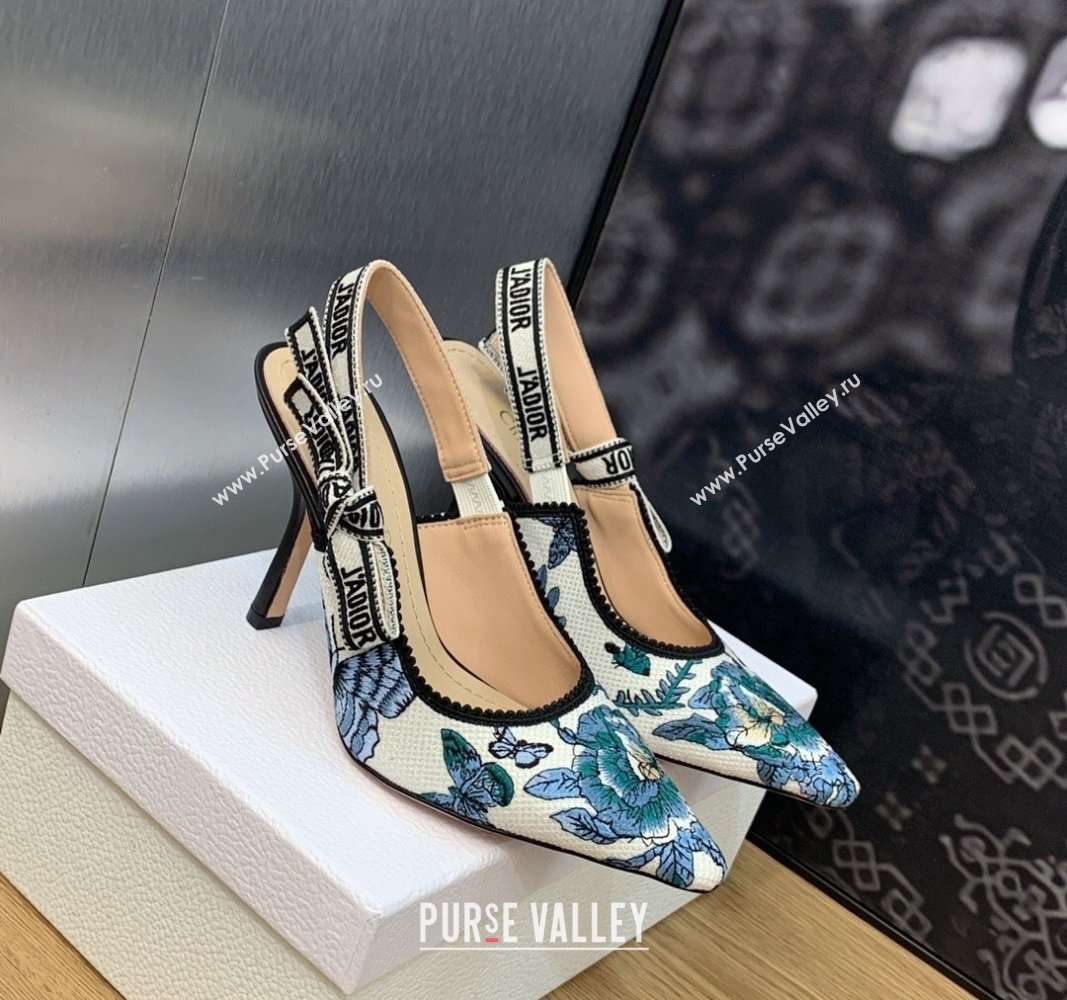 Dior Heel 9.5cm JAdior Slingback Pumps in Pastel Midnight Blue Multicolor Embroidered Cotton with Toile de Jouy Mexico Motif 202