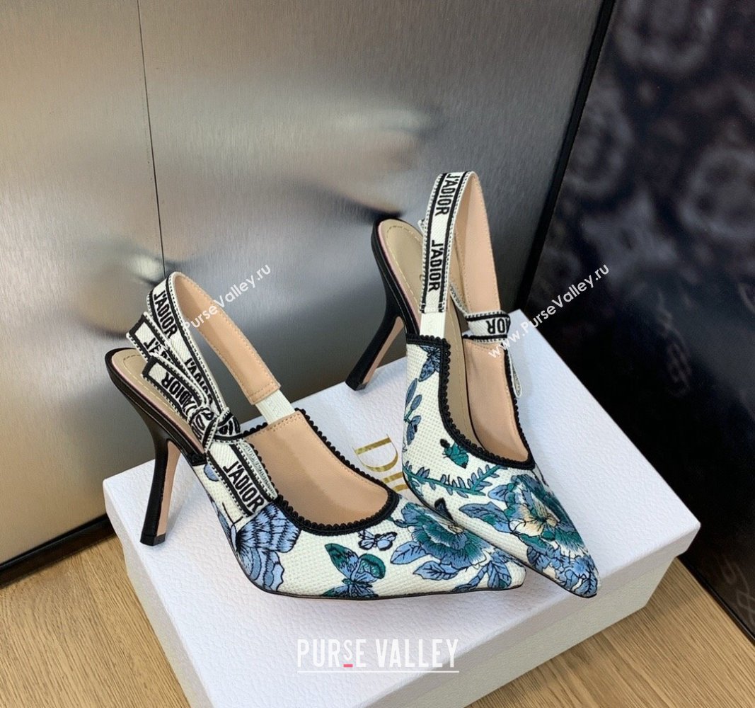 Dior Heel 9.5cm JAdior Slingback Pumps in Pastel Midnight Blue Multicolor Embroidered Cotton with Toile de Jouy Mexico Motif 202
