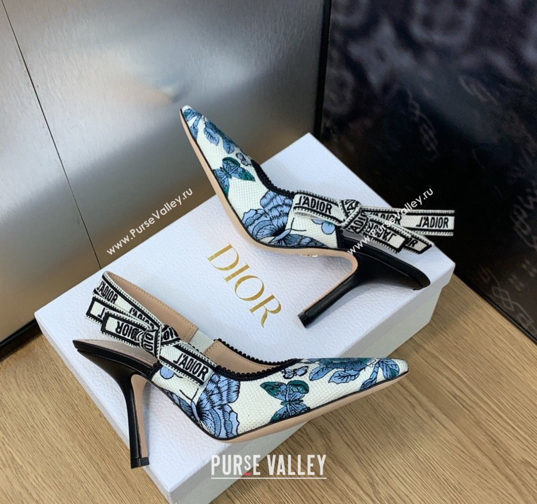 Dior Heel 9.5cm JAdior Slingback Pumps in Pastel Midnight Blue Multicolor Embroidered Cotton with Toile de Jouy Mexico Motif 202