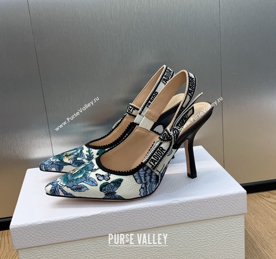 Dior Heel 9.5cm JAdior Slingback Pumps in Pastel Midnight Blue Multicolor Embroidered Cotton with Toile de Jouy Mexico Motif 202
