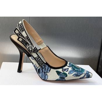 Dior Heel 9.5cm JAdior Slingback Pumps in Pastel Midnight Blue Multicolor Embroidered Cotton with Toile de Jouy Mexico Motif 202