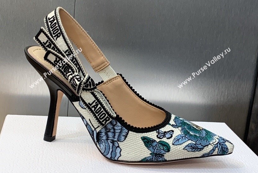 Dior Heel 9.5cm JAdior Slingback Pumps in Pastel Midnight Blue Multicolor Embroidered Cotton with Toile de Jouy Mexico Motif 202