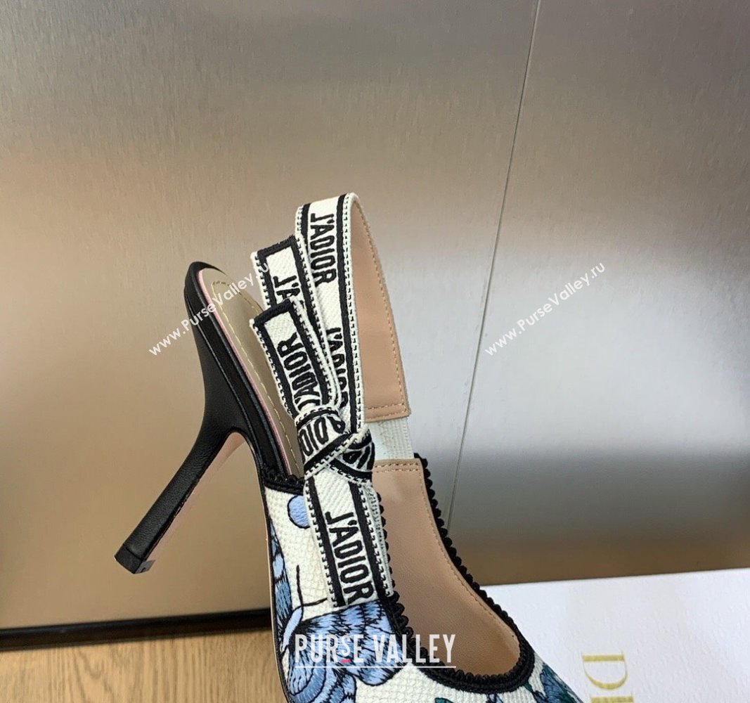 Dior Heel 9.5cm JAdior Slingback Pumps in Pastel Midnight Blue Multicolor Embroidered Cotton with Toile de Jouy Mexico Motif 202
