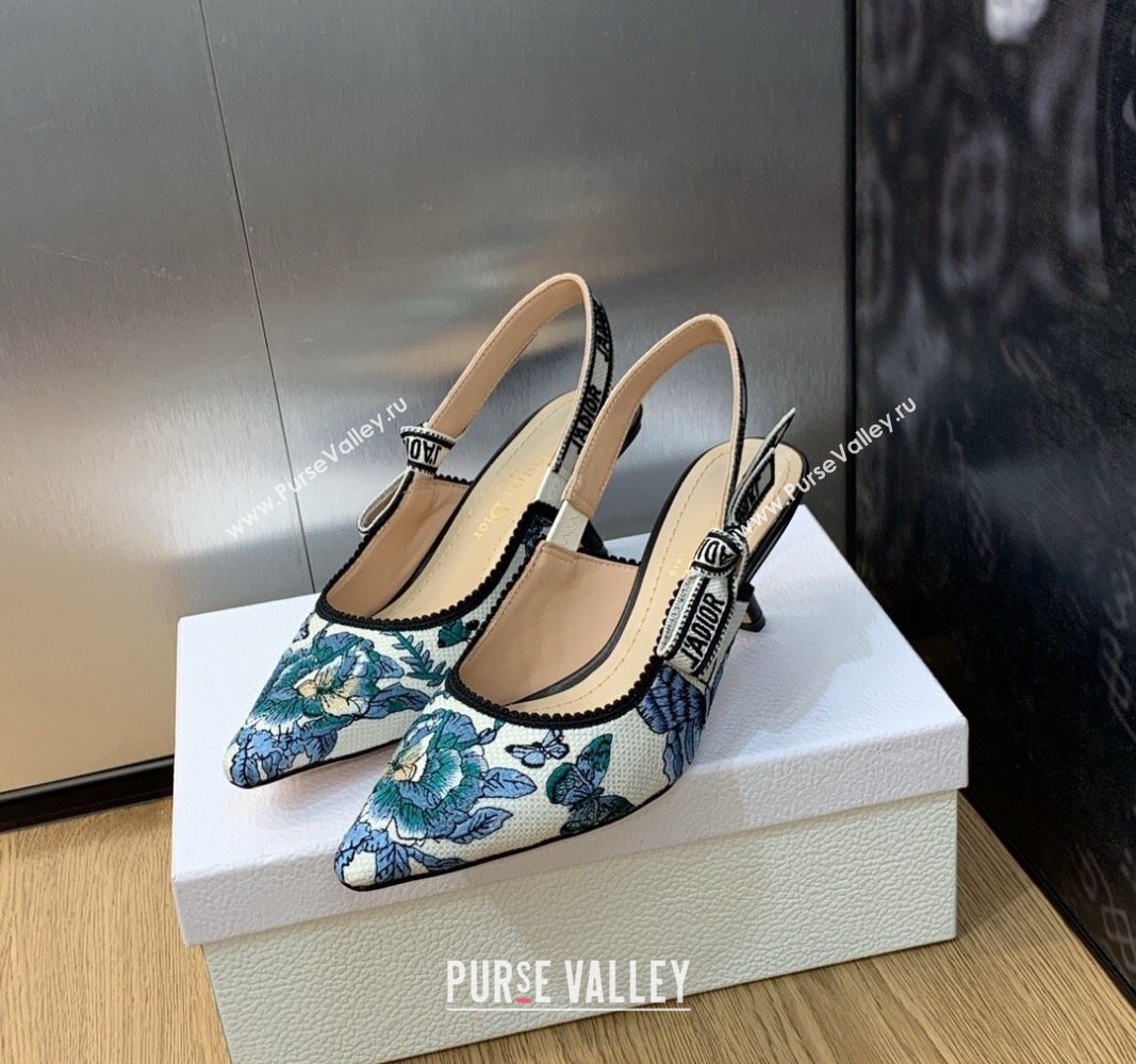 Dior Heel 6.5cm JAdior Slingback Pumps Pastel Midnight Blue Multicolor Embroidered Cotton with Toile de Jouy Mexico Motif 2024 (