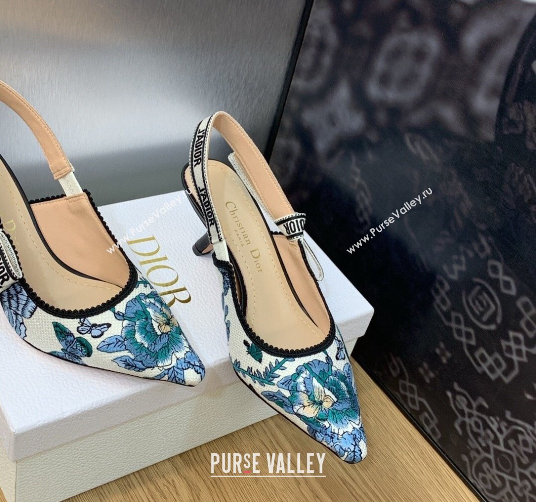 Dior Heel 6.5cm JAdior Slingback Pumps Pastel Midnight Blue Multicolor Embroidered Cotton with Toile de Jouy Mexico Motif 2024 (