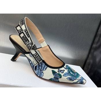 Dior Heel 6.5cm JAdior Slingback Pumps Pastel Midnight Blue Multicolor Embroidered Cotton with Toile de Jouy Mexico Motif 2024 (