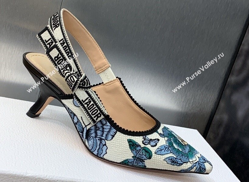 Dior Heel 6.5cm JAdior Slingback Pumps Pastel Midnight Blue Multicolor Embroidered Cotton with Toile de Jouy Mexico Motif 2024 (