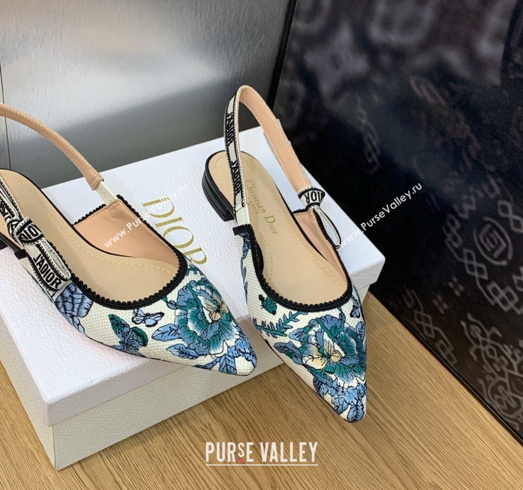 Dior JAdior Slingback Ballerina Flats in Pastel Midnight Blue Multicolor Embroidered Cotton with Toile de Jouy Mexico Motif 2024