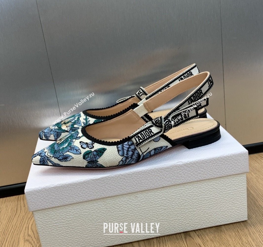 Dior JAdior Slingback Ballerina Flats in Pastel Midnight Blue Multicolor Embroidered Cotton with Toile de Jouy Mexico Motif 2024