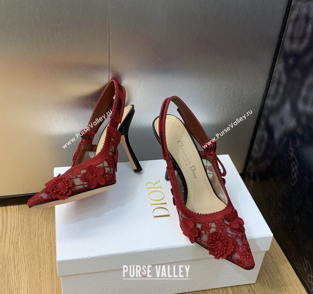 Dior Heel 9.5cm JAdior Slingback Pumps in Transparent Mesh Embroidered with Red 3D Macramé-Effect D-Lace Motif 2024 (modeng-2312