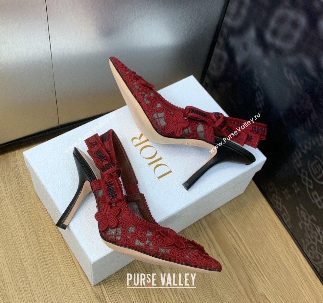 Dior Heel 9.5cm JAdior Slingback Pumps in Transparent Mesh Embroidered with Red 3D Macramé-Effect D-Lace Motif 2024 (modeng-2312