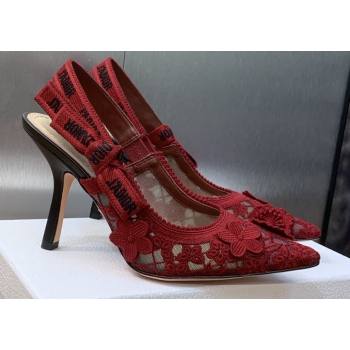 Dior Heel 9.5cm JAdior Slingback Pumps in Transparent Mesh Embroidered with Red 3D Macramé-Effect D-Lace Motif 2024 (modeng-2312