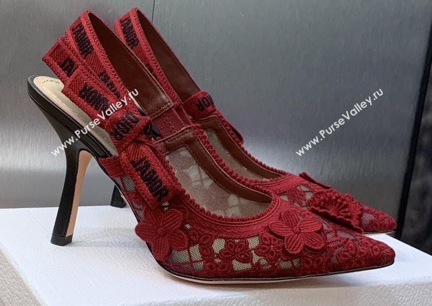 Dior Heel 9.5cm JAdior Slingback Pumps in Transparent Mesh Embroidered with Red 3D Macramé-Effect D-Lace Motif 2024 (modeng-2312