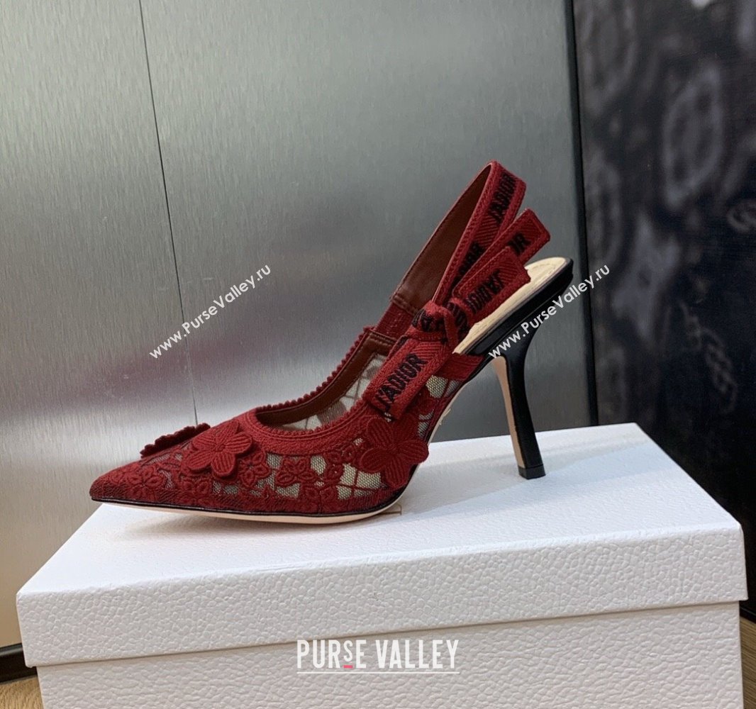Dior Heel 9.5cm JAdior Slingback Pumps in Transparent Mesh Embroidered with Red 3D Macramé-Effect D-Lace Motif 2024 (modeng-2312