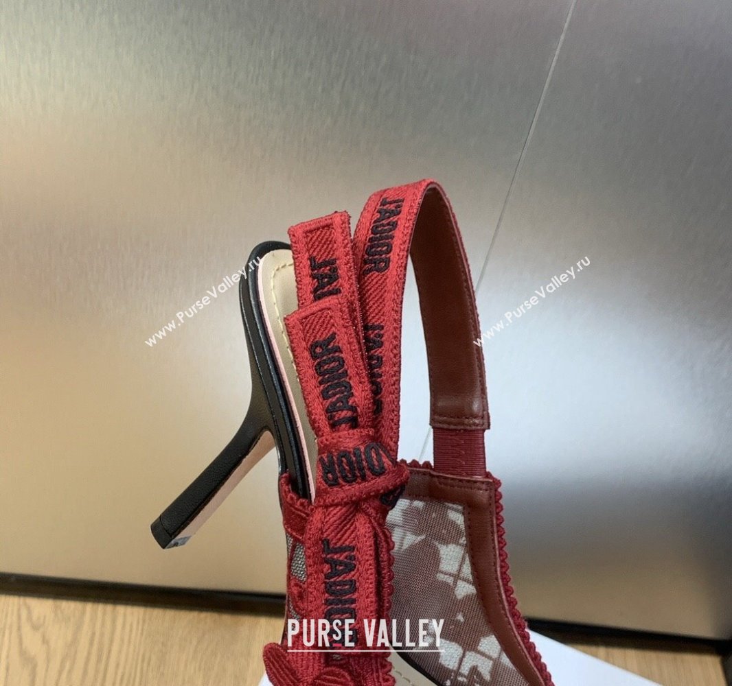 Dior Heel 9.5cm JAdior Slingback Pumps in Transparent Mesh Embroidered with Red 3D Macramé-Effect D-Lace Motif 2024 (modeng-2312