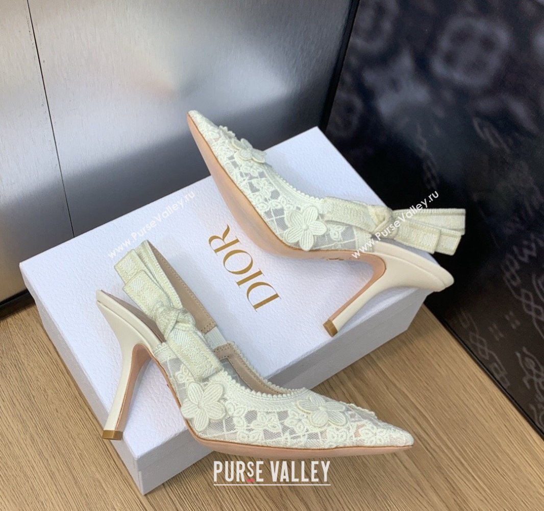 Dior Heel 9.5cm JAdior Slingback Pumps in Transparent Mesh Embroidered with White 3D Macramé-Effect D-Lace Motif 2024 (modeng-23