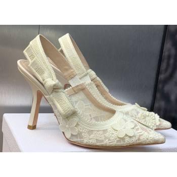 Dior Heel 9.5cm JAdior Slingback Pumps in Transparent Mesh Embroidered with White 3D Macramé-Effect D-Lace Motif 2024 (modeng-23
