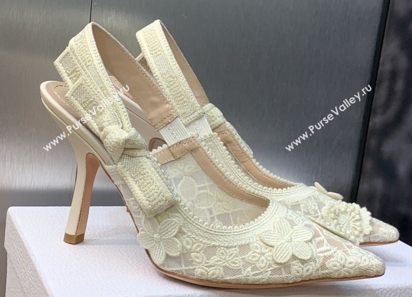 Dior Heel 9.5cm JAdior Slingback Pumps in Transparent Mesh Embroidered with White 3D Macramé-Effect D-Lace Motif 2024 (modeng-23