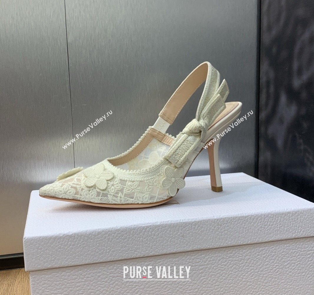 Dior Heel 9.5cm JAdior Slingback Pumps in Transparent Mesh Embroidered with White 3D Macramé-Effect D-Lace Motif 2024 (modeng-23
