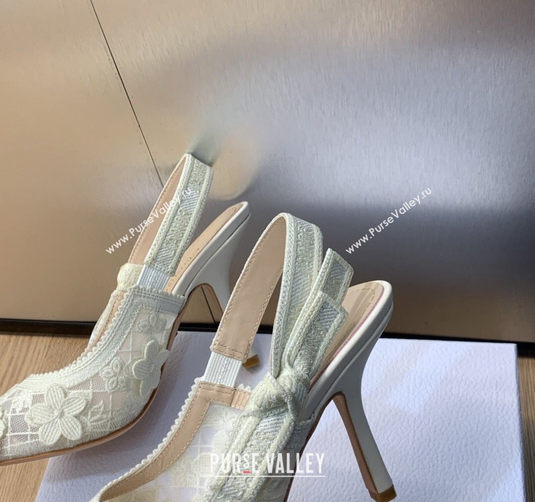 Dior Heel 9.5cm JAdior Slingback Pumps in Transparent Mesh Embroidered with White 3D Macramé-Effect D-Lace Motif 2024 (modeng-23
