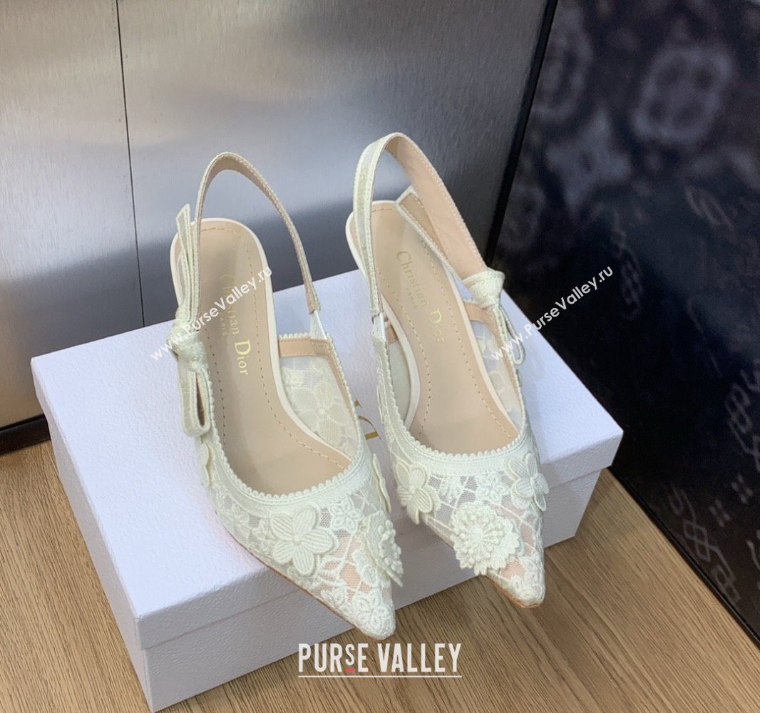 Dior Heel 6.5cm JAdior Slingback Pumps in Transparent Mesh Embroidered with White 3D Macramé-Effect D-Lace Motif 2024 (modeng-23