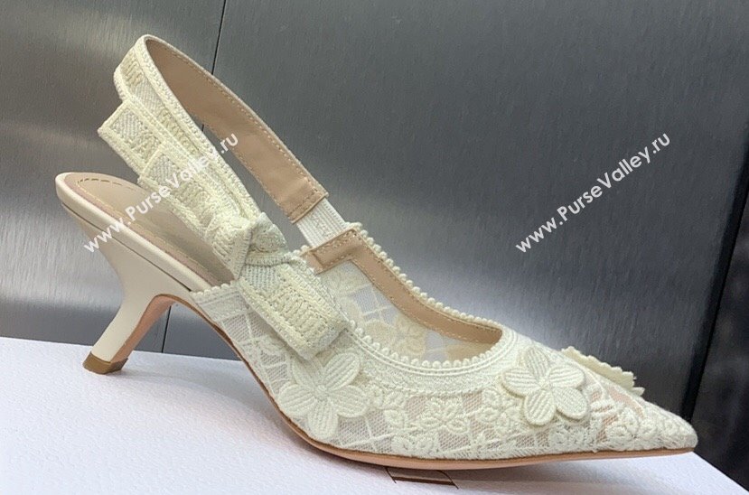 Dior Heel 6.5cm JAdior Slingback Pumps in Transparent Mesh Embroidered with White 3D Macramé-Effect D-Lace Motif 2024 (modeng-23