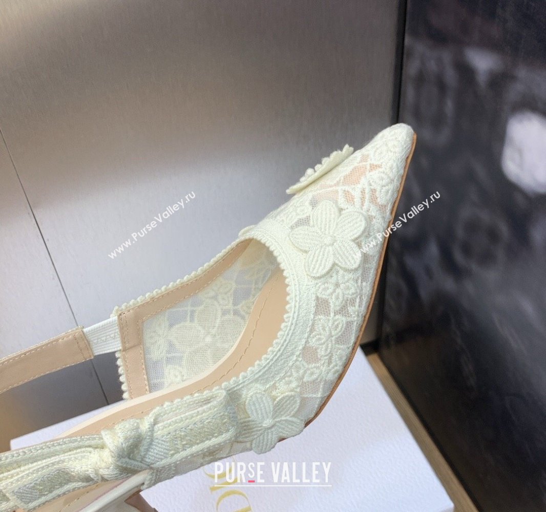 Dior Heel 6.5cm JAdior Slingback Pumps in Transparent Mesh Embroidered with White 3D Macramé-Effect D-Lace Motif 2024 (modeng-23