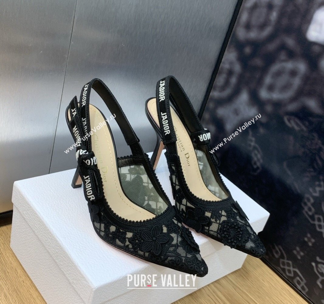Dior Heel 9.5cm JAdior Slingback Pumps in Transparent Mesh Embroidered with Black 3D Macramé-Effect D-Lace Motif 2024 (modeng-23
