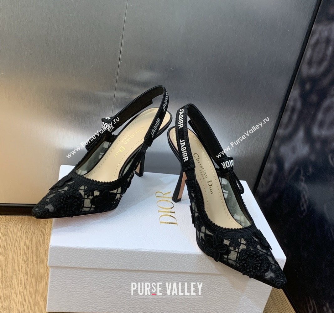 Dior Heel 9.5cm JAdior Slingback Pumps in Transparent Mesh Embroidered with Black 3D Macramé-Effect D-Lace Motif 2024 (modeng-23