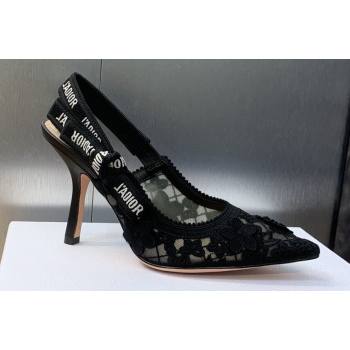 Dior Heel 9.5cm JAdior Slingback Pumps in Transparent Mesh Embroidered with Black 3D Macramé-Effect D-Lace Motif 2024 (modeng-23
