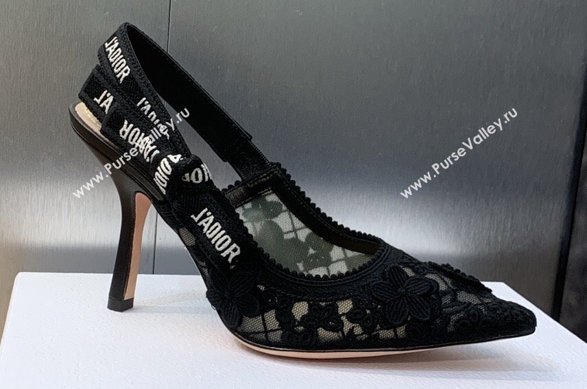 Dior Heel 9.5cm JAdior Slingback Pumps in Transparent Mesh Embroidered with Black 3D Macramé-Effect D-Lace Motif 2024 (modeng-23