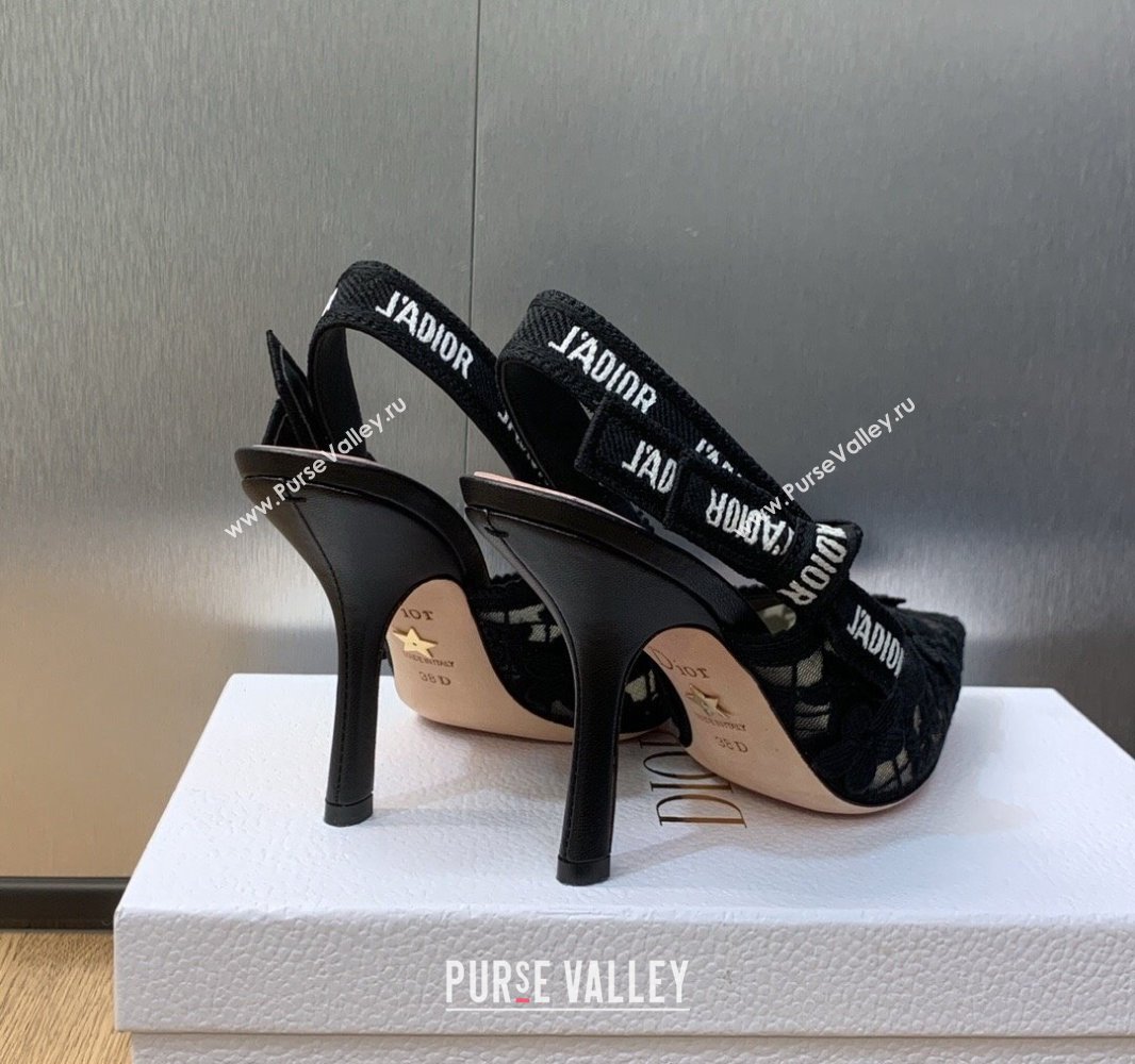 Dior Heel 9.5cm JAdior Slingback Pumps in Transparent Mesh Embroidered with Black 3D Macramé-Effect D-Lace Motif 2024 (modeng-23