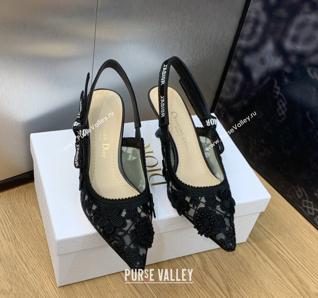 Dior Heel 6.5cm JAdior Slingback Pumps in Transparent Mesh Embroidered with Black 3D Macramé-Effect D-Lace Motif 2024 (modeng-23