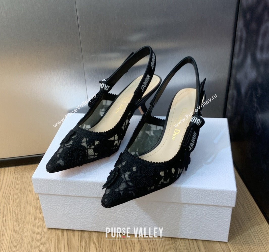 Dior Heel 6.5cm JAdior Slingback Pumps in Transparent Mesh Embroidered with Black 3D Macramé-Effect D-Lace Motif 2024 (modeng-23
