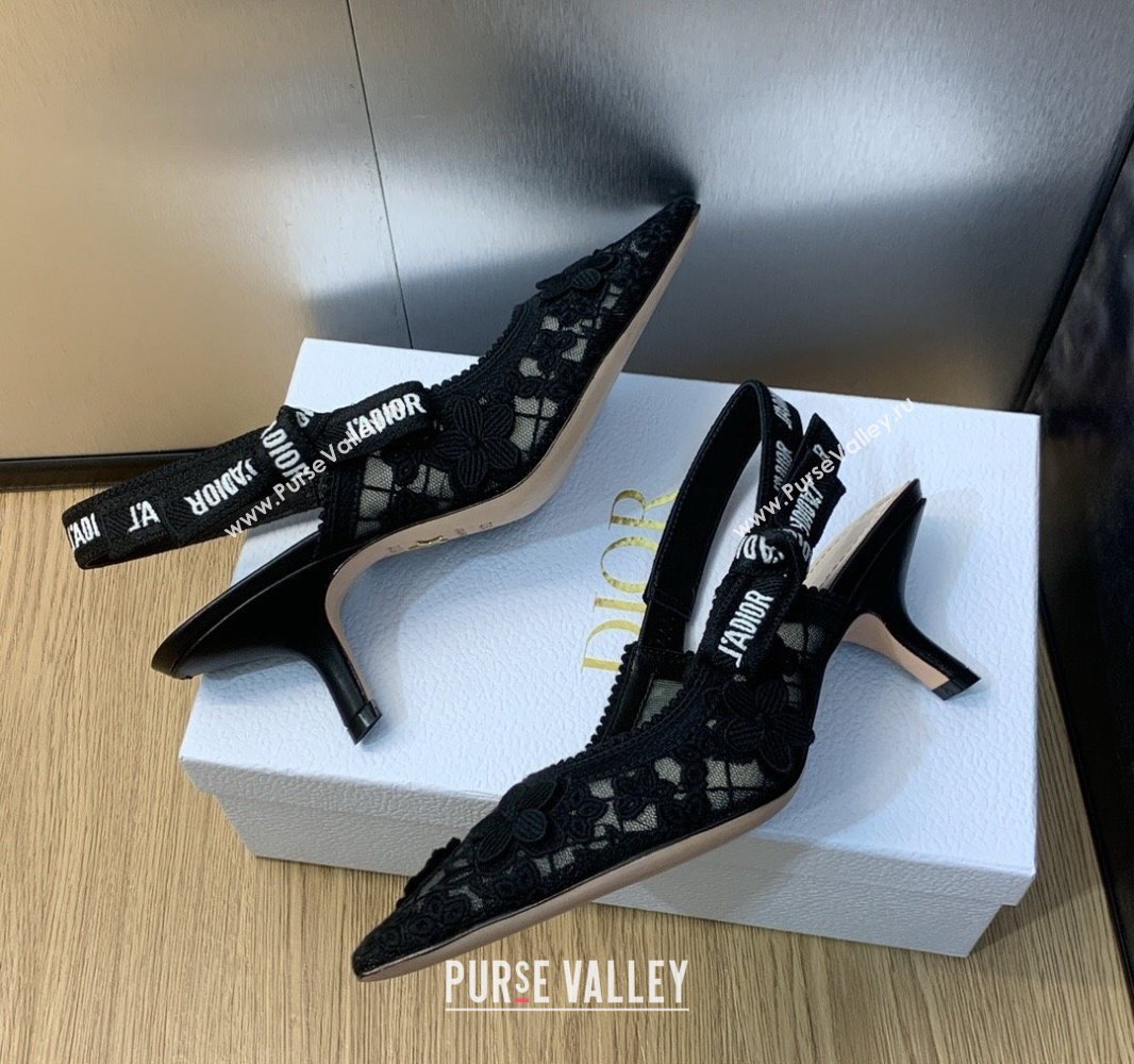 Dior Heel 6.5cm JAdior Slingback Pumps in Transparent Mesh Embroidered with Black 3D Macramé-Effect D-Lace Motif 2024 (modeng-23